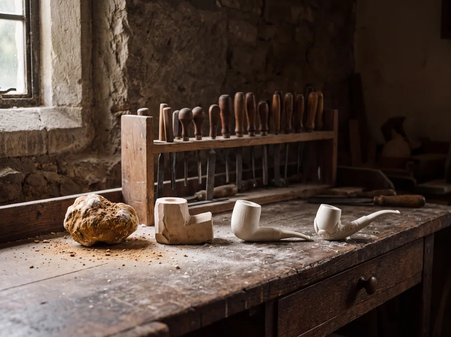 A carver's bench in Eskişehir: an unworked nodule of meerschaum beside a blocked-out blank, a roughly shaped pipe and a finished one, with a rack of chisels and rasps behind them