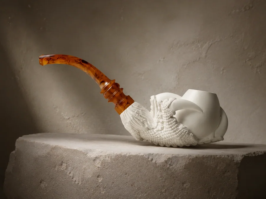 Hand-carved eagle's claw meerschaum pipe with an amber stem, resting on a stone plinth