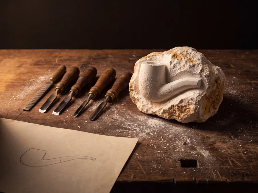 A pipe half cut from an unworked nodule of Turkish meerschaum, ochre crust still on the stone, with carving chisels and a rasp laid out beside it and a pipe profile drawn on paper