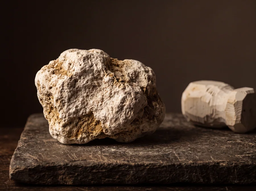 A raw nodule of Turkish block meerschaum with ochre soil still on it, beside a roughly shaped blank
