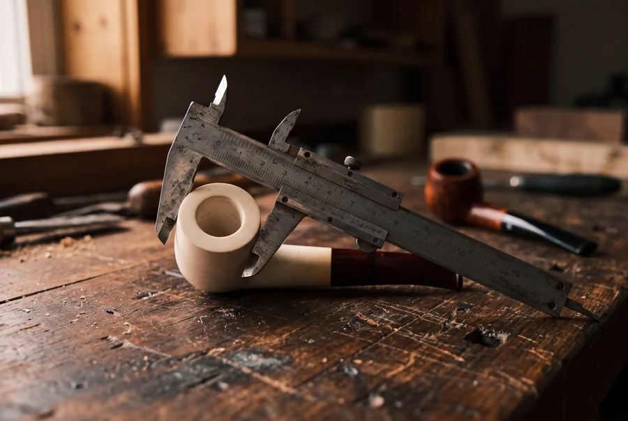 Steel vernier calipers open across the bowl of a meerschaum pipe on a workbench, measuring the chamber