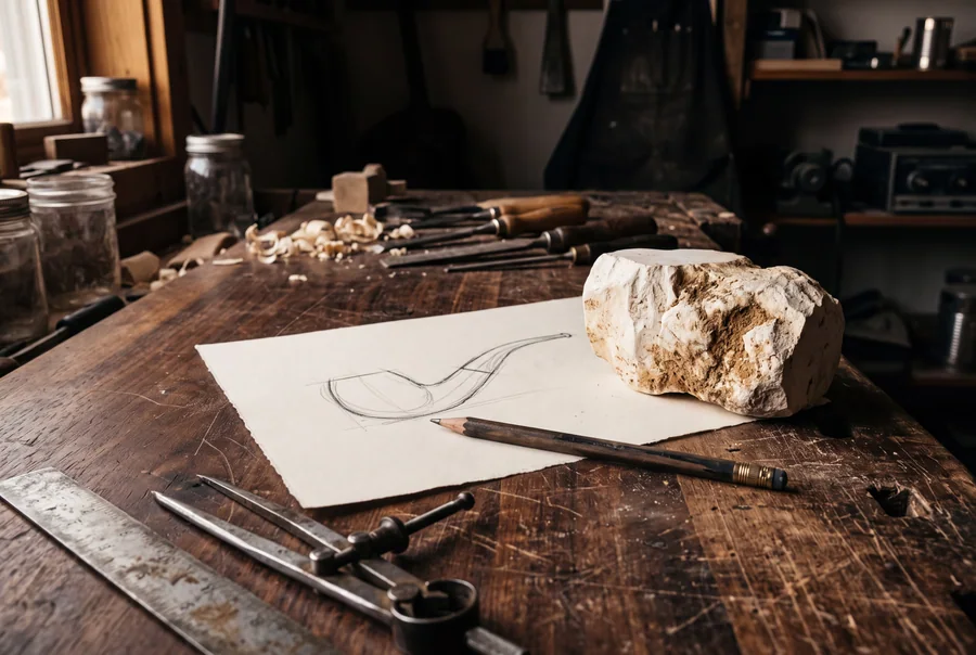 A pencil sketch of a pipe profile on a sheet of paper beside an uncarved block of meerschaum, with dividers and a rule on the bench