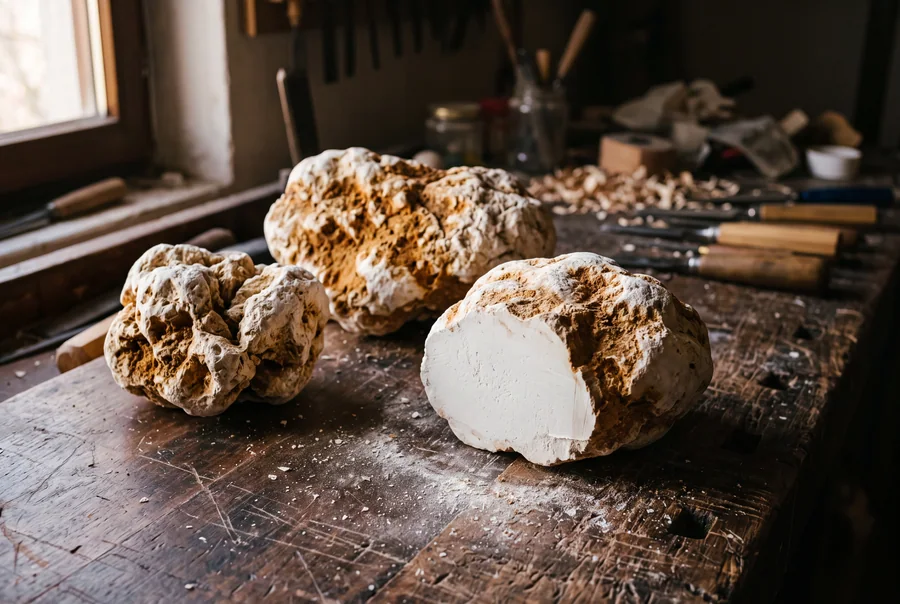 Three raw nodules of Turkish block meerschaum on a workbench, ochre soil still packed into the rind, one sawn flat to show the white interior