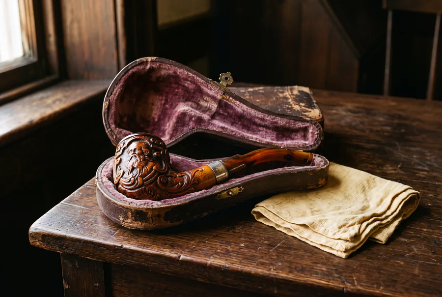 An antique figural meerschaum pipe with an amber stem, aged to a deep russet patina, lying in a worn fitted case lined with plum velvet