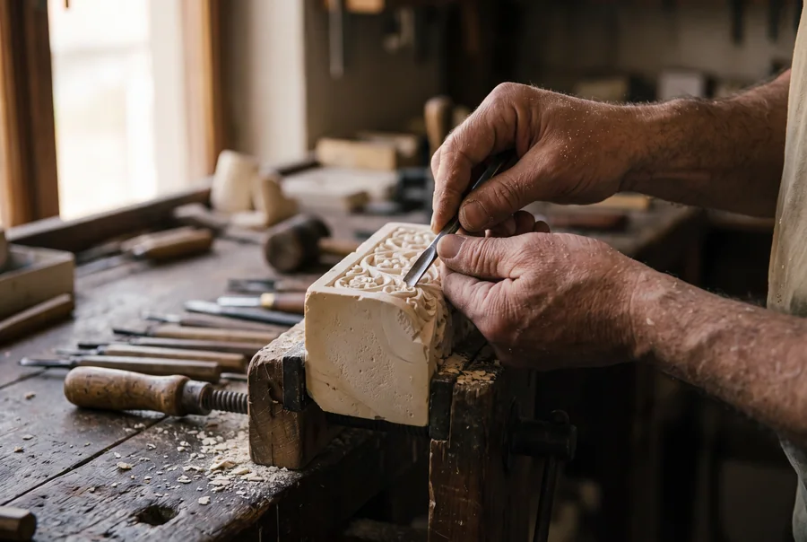A carver's hands cutting relief into a block of meerschaum held in a bench vise, surrounded by chisels and pale stone dust