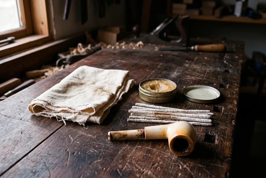 A folded cotton cloth, an open tin of beeswax, a row of pipe cleaners and a meerschaum pipe laid out on a workbench