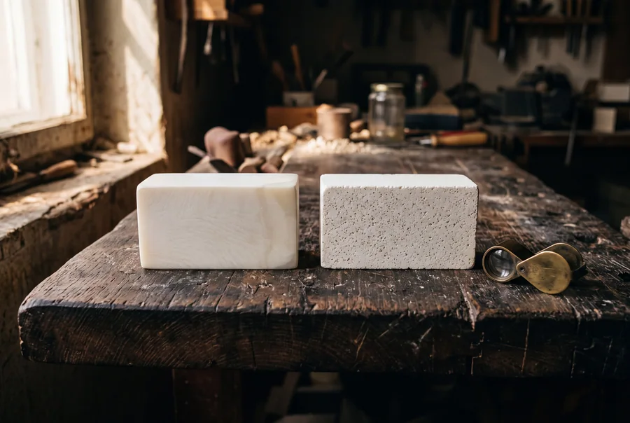 Two blocks side by side on a workbench: solid carved meerschaum on the left, visibly granular pressed meerschaum on the right, with a jeweller's loupe