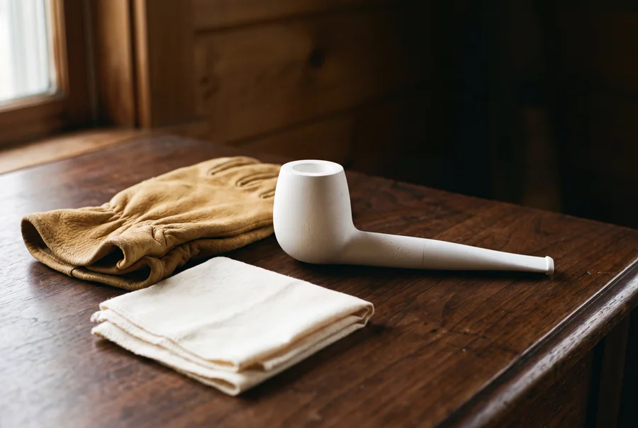 A new, entirely uncoloured white meerschaum pipe on a dark table beside a chamois glove and a folded cotton cloth