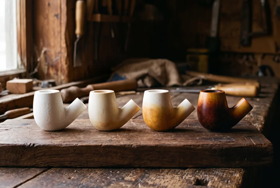 Four meerschaum bowls in a row showing the colouring progression from chalk white through cream and amber to deep russet