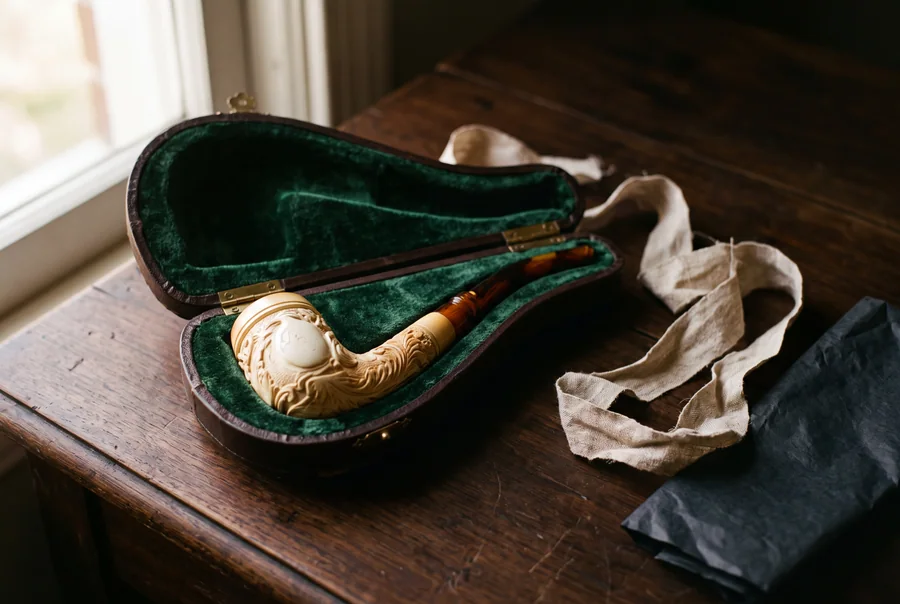 A carved meerschaum pipe seated in an open fitted case lined with green velvet, with linen ribbon and dark tissue paper beside it
