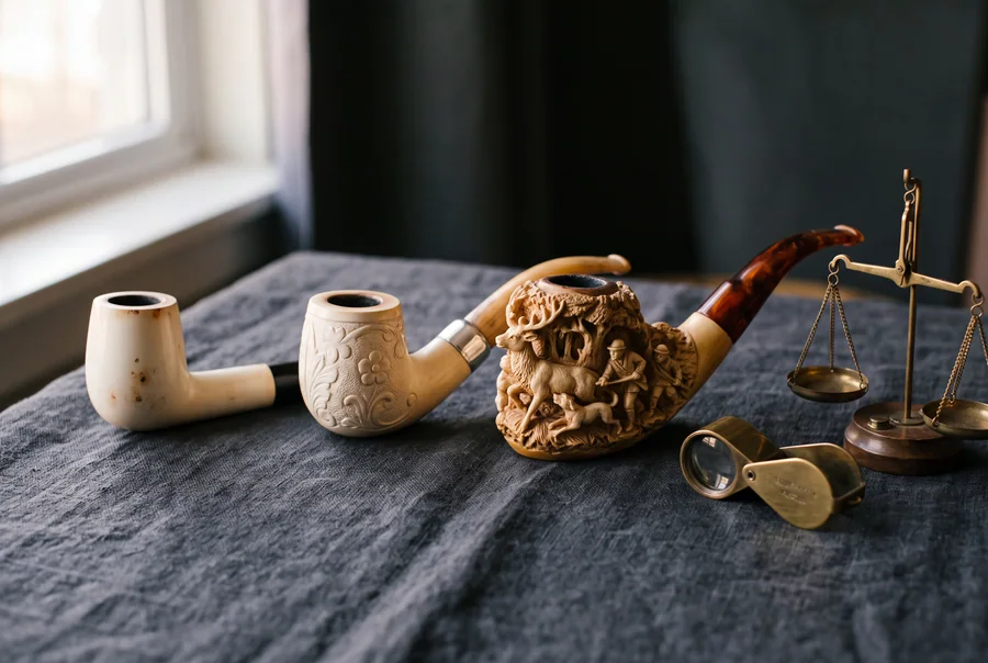 Three meerschaum pipes of ascending carving complexity laid out with a jeweller's loupe and a brass balance scale