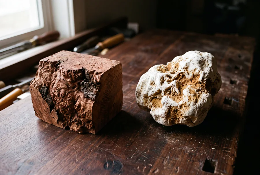 A sawn block of reddish briar burl beside an irregular nodule of white meerschaum with ochre soil in its crevices, on a workbench