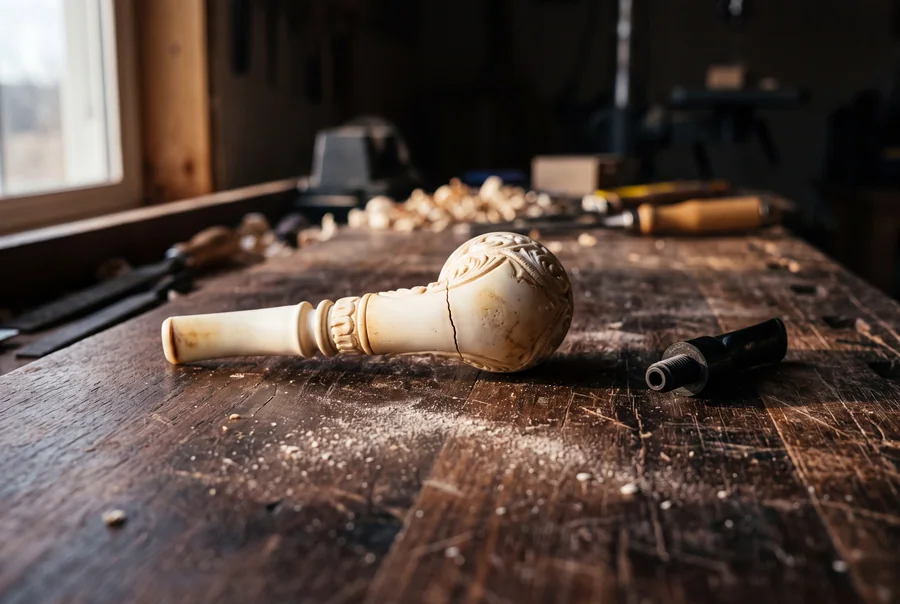 A meerschaum pipe on a workbench with a hairline crack running through the shank, its stem removed and set apart