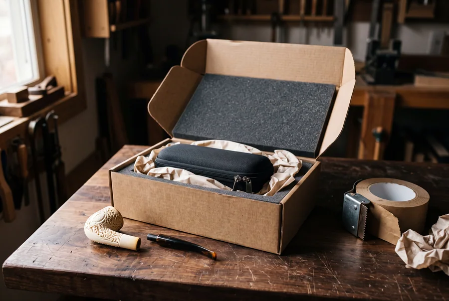A pipe case nested in cut foam inside a kraft shipping carton, with tissue, paper tape, and a pipe whose stem has been detached