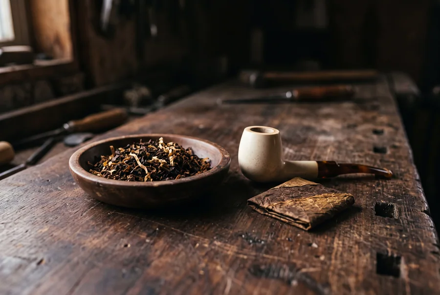 A shallow wooden bowl of loose cut pipe tobacco on a workbench beside an uncoloured meerschaum pipe and a folded leaf