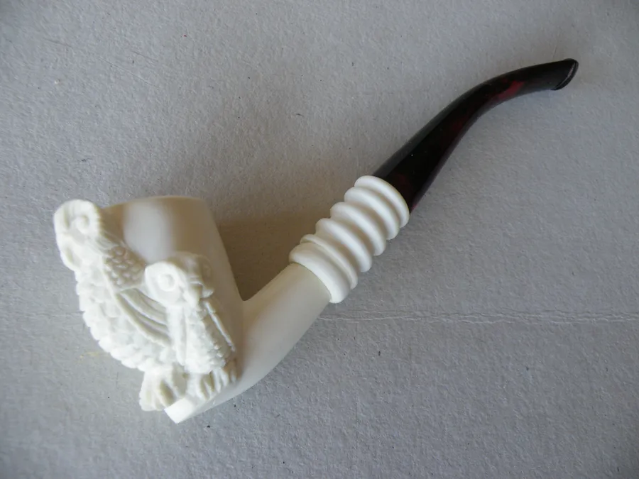 Hand-carved owl family Turkish block meerschaum pipe, product ANI-06