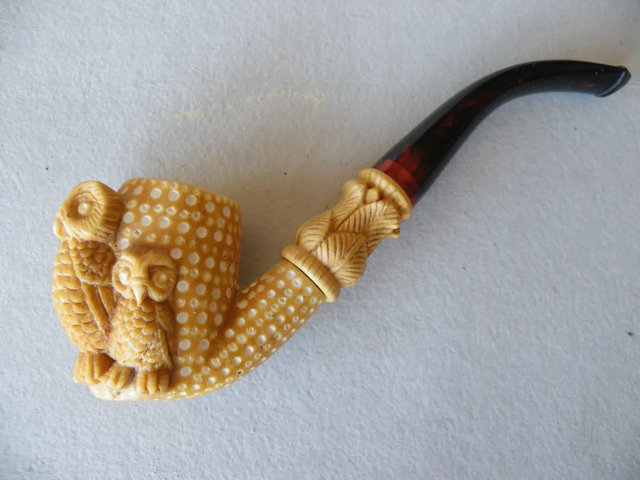 Hand-carved owl family Turkish block meerschaum pipe, product ANI-07