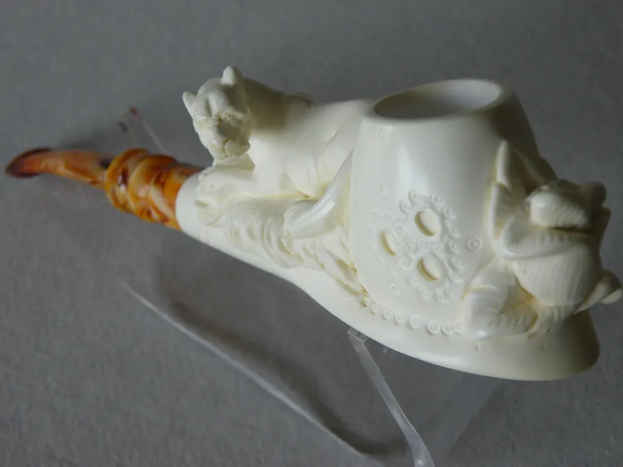 Hand-carved tiger Turkish block meerschaum pipe, product ANI-22