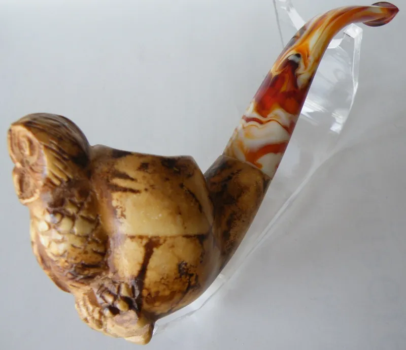 Hand-carved owl Turkish block meerschaum pipe, product ANI-34