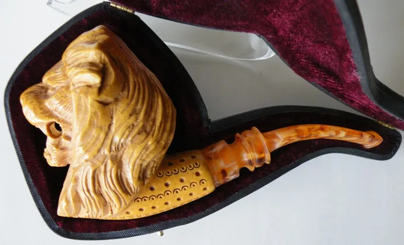 Hand-carved lion Turkish block meerschaum pipe, product ANI-39