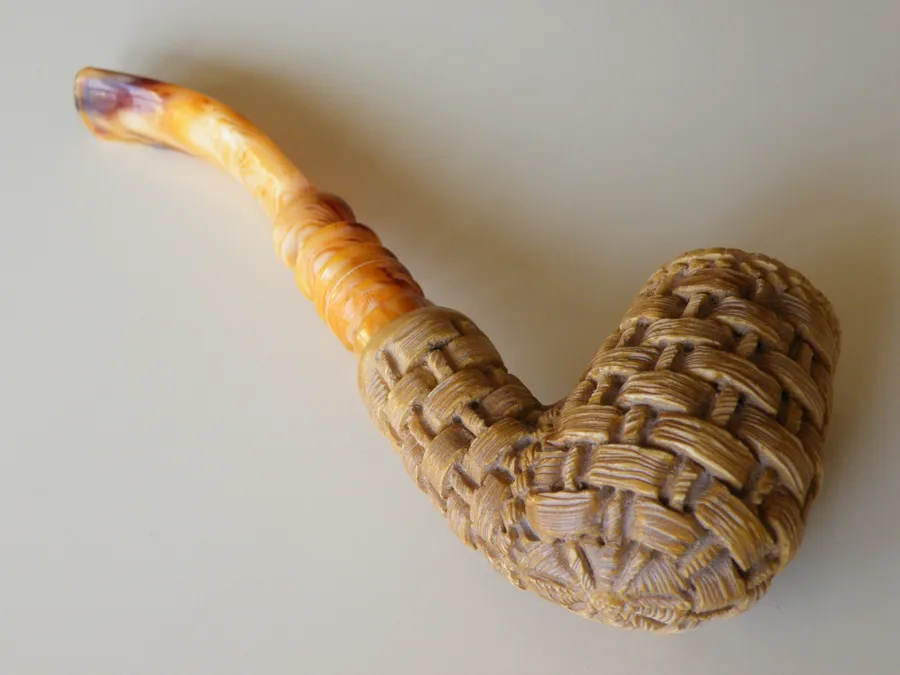 Hand-carved basket-weave Turkish block meerschaum pipe, product BAS-03