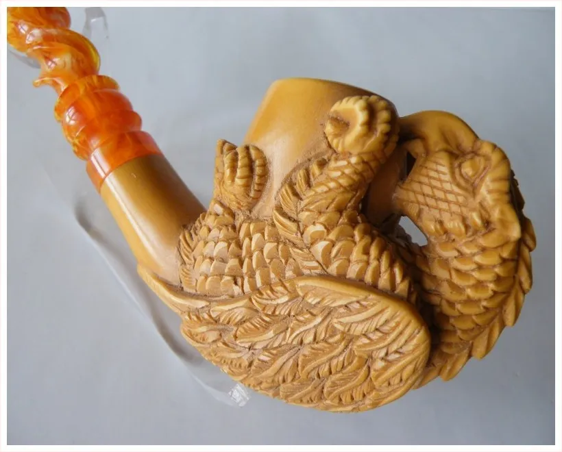 Hand-carved dragon Turkish block meerschaum pipe, product DRA-03