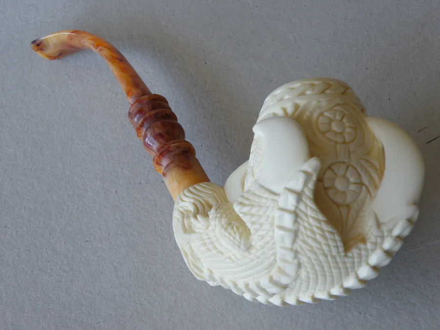 Hand-carved eagle's claw with floral Turkish block meerschaum pipe, product EC-12