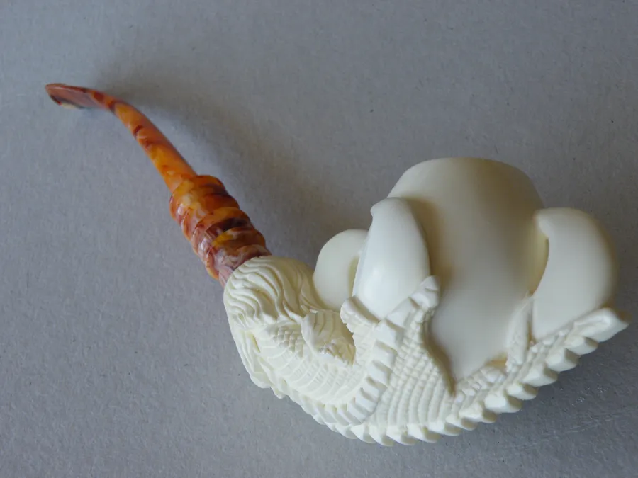 Hand-carved eagle's claw with floral Turkish block meerschaum pipe, product EC-13
