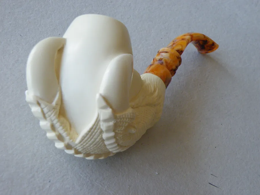 Hand-carved eagle's claw with floral Turkish block meerschaum pipe, product EC-15