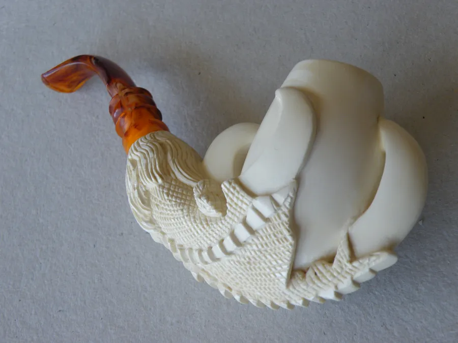 Hand-carved eagle's claw with floral Turkish block meerschaum pipe, product EC-16