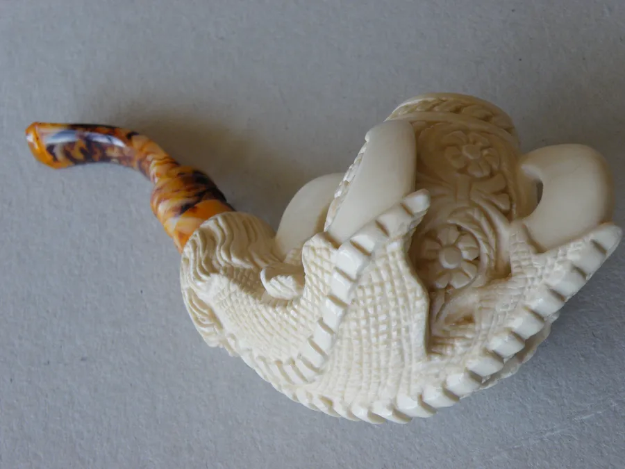 Hand-carved eagle's claw with floral Turkish block meerschaum pipe, product EC-17