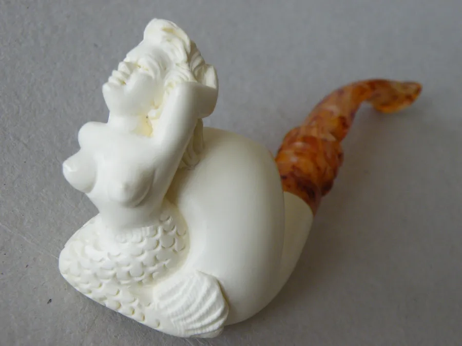 Hand-carved mermaid Turkish block meerschaum pipe, product NUDE-05