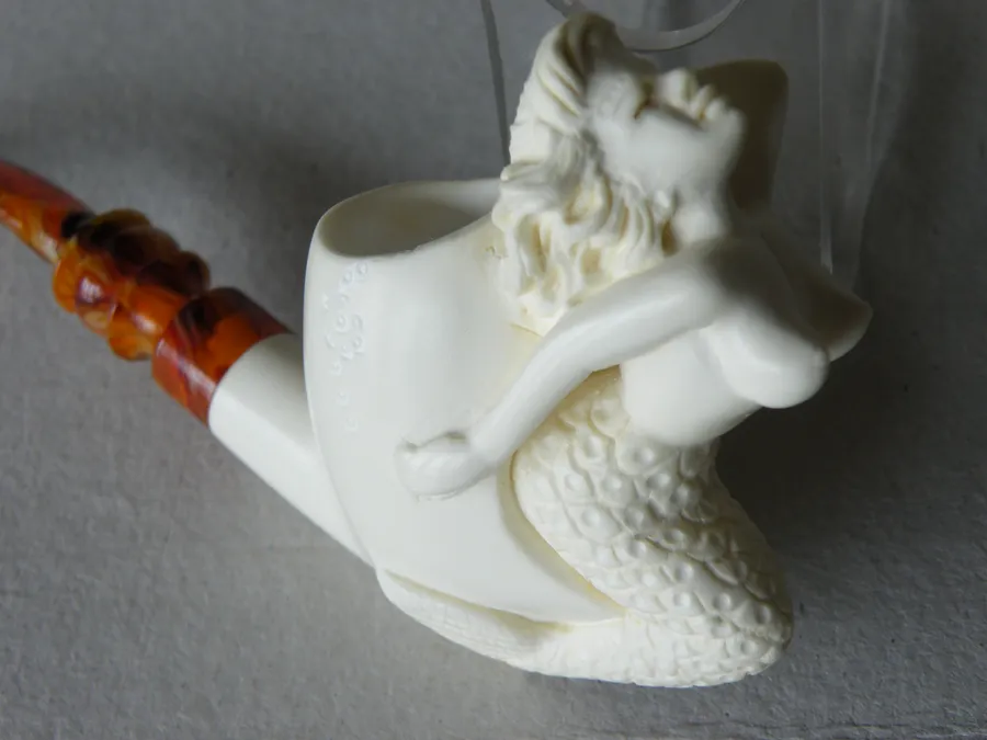 Hand-carved mermaid Turkish block meerschaum pipe, product NUDE-12