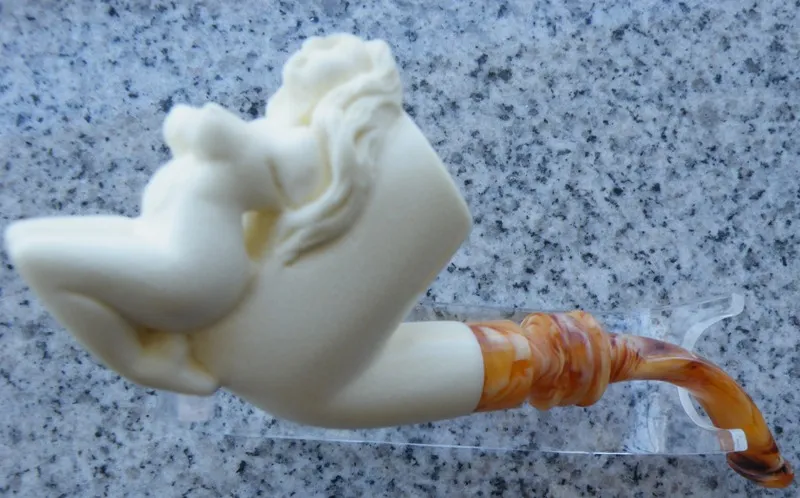 Hand-carved mermaid Turkish block meerschaum pipe, product NUDE-19