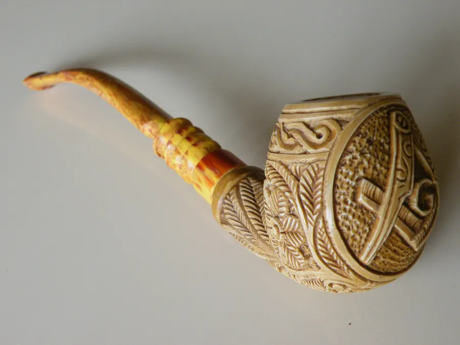 Hand-carved masonic Turkish block meerschaum pipe, product MAS-01