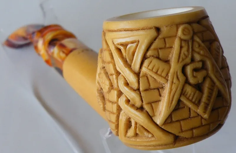 Hand-carved masonic Turkish block meerschaum pipe, product MAS-09