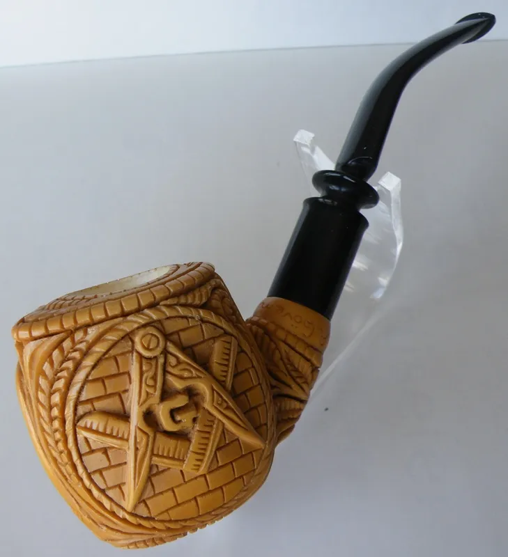 Hand-carved masonic Turkish block meerschaum pipe, product MAS-16