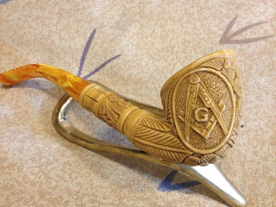 Hand-carved masonic Turkish block meerschaum pipe, product MAS-17
