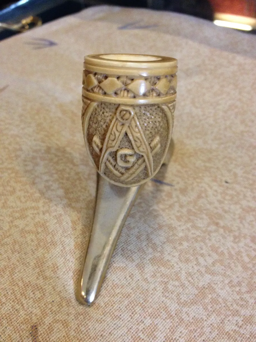 Hand-carved masonic Turkish block meerschaum pipe, product MAS-18