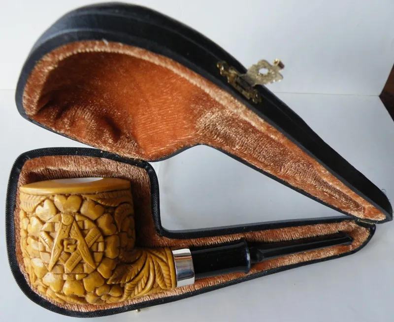 Hand-carved masonic Turkish block meerschaum pipe, product MAS-21