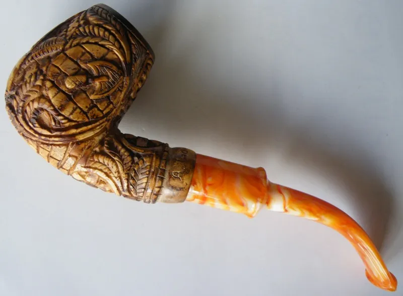 Hand-carved masonic Turkish block meerschaum pipe, product MAS-23