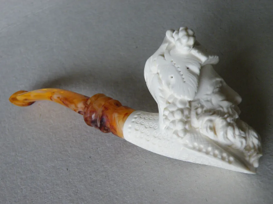 Hand-carved bacchus with vine and grape Turkish block meerschaum pipe, product MYTH-03