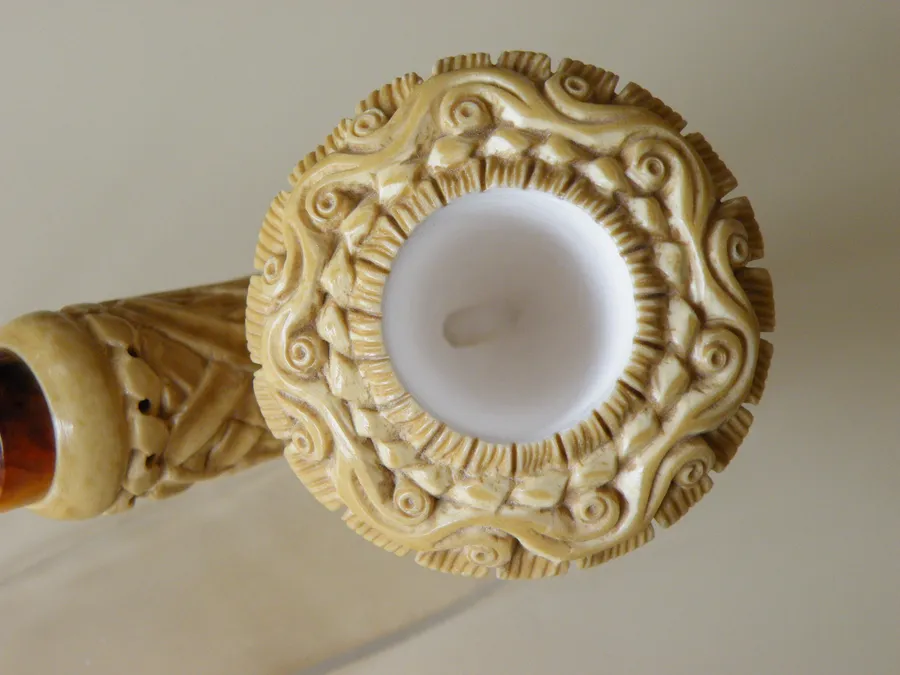 Hand-carved ornamental Turkish block meerschaum pipe, product ORN-02