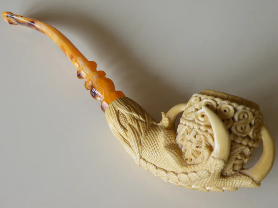 Hand-carved ornamental Turkish block meerschaum pipe, product ORN-06