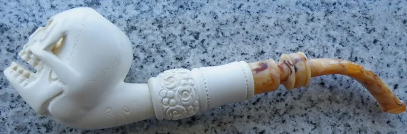 Hand-carved skull Turkish block meerschaum pipe, product SKU-04