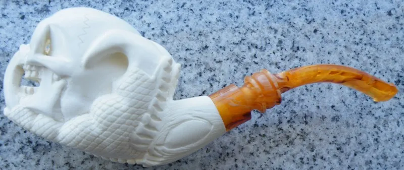 Hand-carved skull Turkish block meerschaum pipe, product SKU-05