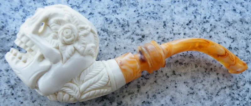 Hand-carved skull Turkish block meerschaum pipe, product SKU-06