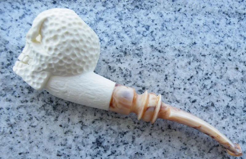 Hand-carved skull Turkish block meerschaum pipe, product SKU-07