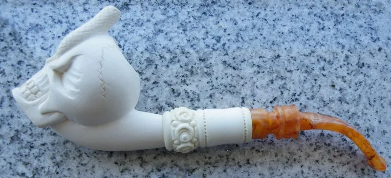 Hand-carved skull Turkish block meerschaum pipe, product SKU-08