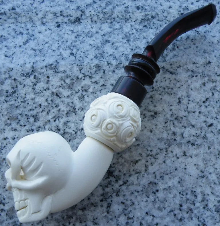 Hand-carved skull Turkish block meerschaum pipe, product SKU-09